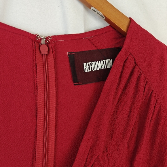 Reformation Mini Dress Slit Button Up Long Sleeve Deep V In Red Size 4 Women's - Picture 9 of 13